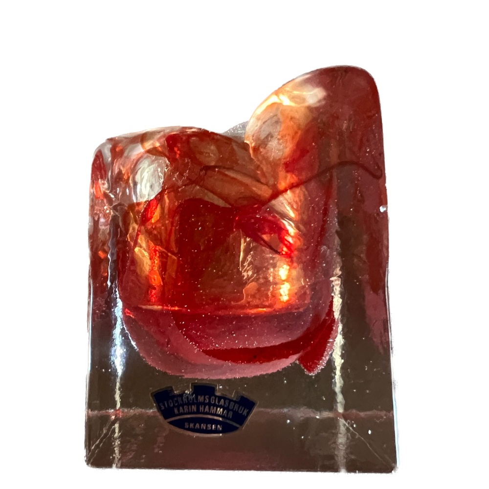 Signed Stockholms Glasbruk Karin Hammar Skansen Art Glass Votive Candle Red Sq - Picture 4 of 10